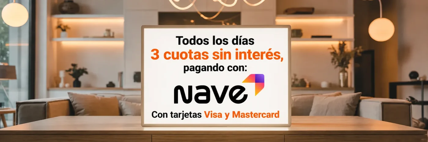 Sign de promoción en un salón: 'Todos los días 3 cuotas sin interés, pagando con Nave' con tarjetas Visa y Mastercard