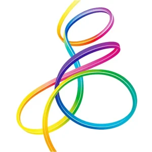 Colorful abstract ribbon loops forming a dynamic swirl and movement design, gradient rainbow hues from yellow to purple