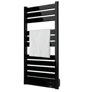 Black electric towel warmer with horizontal bars and a white towel hanging on it as a bathroom heater. Read as an electric towel rail with a towel.
