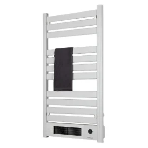 Electric heated towel rail with a dark towel draped over the middle bar, white finish and multiple horizontal bars.
